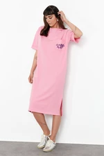 Trendyol Pink Embroidered Relaxed/Casual Cut Crew Neck Midi Knitted Dress