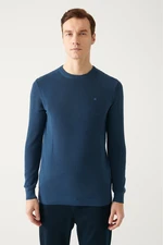 Avva Men's Indigo Crew Neck Jacquard Slim Fit Slim Fit Knitwear Sweater