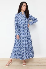 Trendyol Saxe Blue Belt Skirt Flounce Floral Pattern Lined Woven Dress