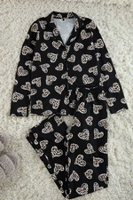 Trendyol Black 100% Cotton Leopard Heart Patterned Shirt Pants Knitted Pajama Set