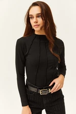 Olalook Women's Black Pieced High Neck Lycra Crop Blouse