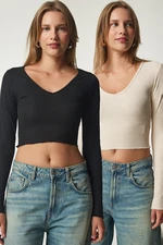 Happiness İstanbul Women's Black Cream V-Neck 2-Pack Crop Knitted Blouse