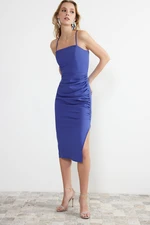 Trendyol Blue Drape Detailed Woven Midi Elegant Evening Dress