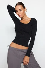 Trendyol Anthracite Antique/Faded Effect Ribbed Pool Neck Fitted Cotton Knitted Blouse