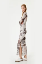 Koton Transparent Dress Lined Maxi Length Long Sleeve Slit Detail