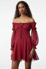 Trendyol Burgundy A-Line Carmen Neck Tie Detail Lined Chiffon Short Dress