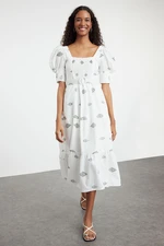 Trendyol White Belted Floral Patterned Square Collar Linen Look Woven Dress