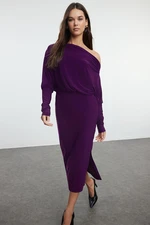 Trendyol Purple Straight Asymmetrical One Sleeve Fitted Flexible Midi Knitted Dress