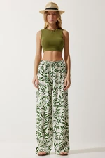 Happiness İstanbul Women's Ecru Green Patterned Flowy Viscose Palazzo Trousers