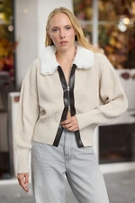 Trendyol Stone Fur Leather Detailed Zippered Coat Knitwear Cardigan