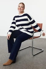 Trendyol Curve Ecru Navy Blue Striped Destroy Detailed Knitwear Sweater