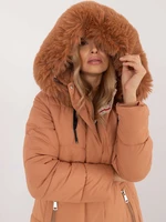 Brown women's winter jacket with stitching