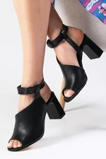 Mio Gusto Sonya Black Color Asymmetric Cut Ankle Strap Women's Thick Heeled Sandals