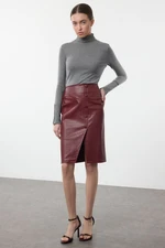 Trendyol Dark Red Limited Edition Faux Snakeskin Slit Detailed Midi Woven Skirt