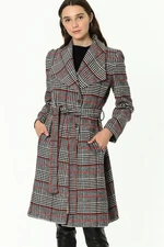 Z6638 DEWBERRY PLAID WOMEN'S COAT-BURGUNDY-BLACK