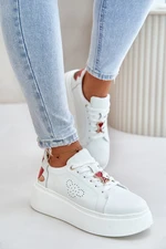 Women's Leather Platform Sneakers With Brooch And Decorative Flower White