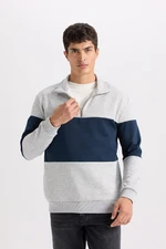 DEFACTO Comfort Regular Fit Casual Fit Stand Collar Zippered Striped Thick Sweatshirt