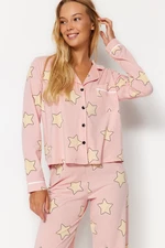 Trendyol Powder 100% pamut csillagmintás ing-nadrág kötött pizsama szett