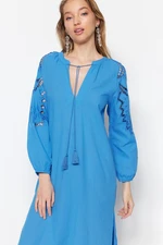 Trendyol Blue Midi Woven Kimono&Caftan 100% Cotton with Tassels