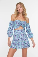 Trendyol Blue Floral Pattern Viscose Beach Bottom-Top Team