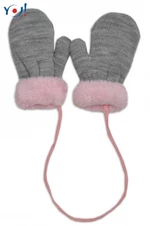 Zimní kojenecké rukavičky s kožíškem - se šňůrkou YO - šedé/růžový kožíšek, vel. 80-92 (12-24m)