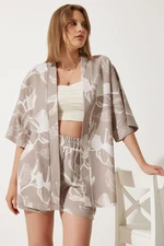 Happiness İstanbul Women's Stone Tropical Patterned Summer Raw Linen Kimono Shorts