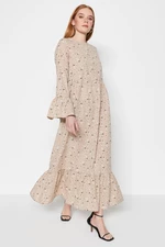 Trendyol Dark Beige Floral Patterned Woven Cotton Dress with Flounce Detail on the Sleeves