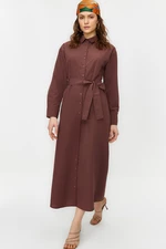 Trendyol Brown Belted Cuffed Cotton Woven Shirt Dress