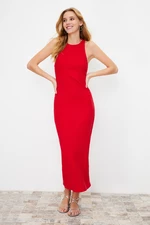 Trendyol Red Back Detail Fitted Ribbed Cotton Flexible Knitted Maxi Pencil Dress