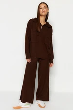 Trendyol Brown Wide Fit Zippered and Pocketed Knitwear Bottom-Top Set