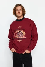 Trendyol Claret Red Oversize/Wide Cut Motorcycle Printed Fleece Inside Sweatshirt