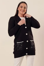 By Saygı Beads And Stones Detail With Pockets And Buttons In The Front Plus Size Acrylic Cardigan Black.