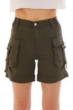 BİKELİFE Khaki High Waist Flexible Denim Shorts With Cargo Pocket.