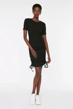 Trendyol Black Ruffle Detailed Knitted Dress with a Fitted Crew Neck, Mini Ribbon, Flexible