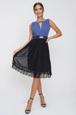 By Saygı Indigo Evening Dress With Guipure Skirt Pleated Belt