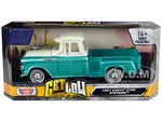 1957 Chevrolet 3100 Stepside Pickup Truck Lowrider Turquoise Metallic and White with White Interior "Get Low" Series 1/24 Diecast Model Car by Motorm