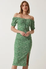 Happiness İstanbul Women's Green Patterned Gathered Knitted Dress