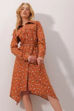Trend Alaçatı Stili Women's Cinnamon Double Pocket Flower Patterned Poplin Shirt Dress with Chain Belt