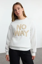 Trendyol Ecru Slogan Embroidered Regular/Normal Fit Crew Neck Thick Knitted Sweatshirt