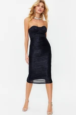 Trendyol Navy Blue Coated, Fitted, Lined, Shiny Knitted Dress