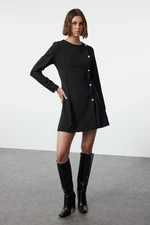 Trendyol Black Fitted/Body-Smooth Button Detailed Crew Neck Mini Woven Dress