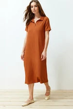 Trendyol Cinnamon Polo Neck Short Sleeve Twisted/Textured Knitted Midi Dress