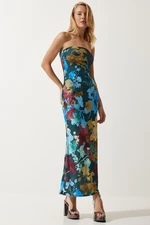 Happiness İstanbul Women's Emerald Green Blue Floral Wrap Summer Strapless Dress