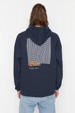 Trendyol Navy Blue Oversize/Wide Cut Text Printed Cotton Sweatshirt with Fleece Inside