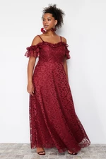 Trendyol Curve Burgundy Plus Size Strap A-Line Lace Maxi Evening Dress