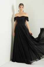 Lafaba Women's Black Boat Collar Draped Long Glittery Evening Dress with a Slit.