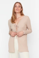 Trendyol Beige Tie Front Corduroy Knitted Cardigan