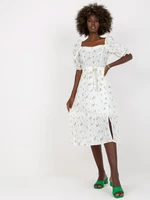 White and green midi dress with print and embroidery