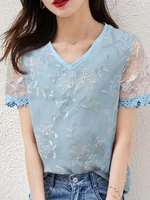 Lace Patchwork Embroidered V Neck Short Sleeve Blouse