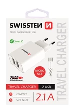 SWISSTEN SÍŤOVÝ ADAPTÉR SMART IC 2x USB 2,1A POWER + DATOVÝ KABEL USB / MICRO USB 1,2 M, BÍLÁ